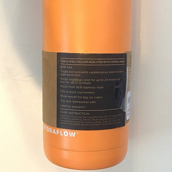 HydraFlow Orange Esquire 30 0z 890 ML Vacuum Insulated Water Bottle New - Picture 3 of 3